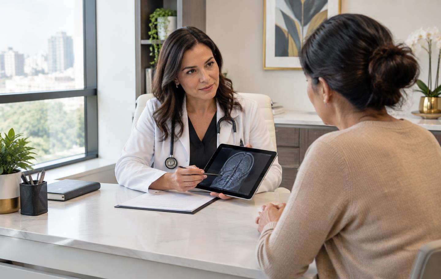 Paciente em consulta analisando relatório médico com especialista